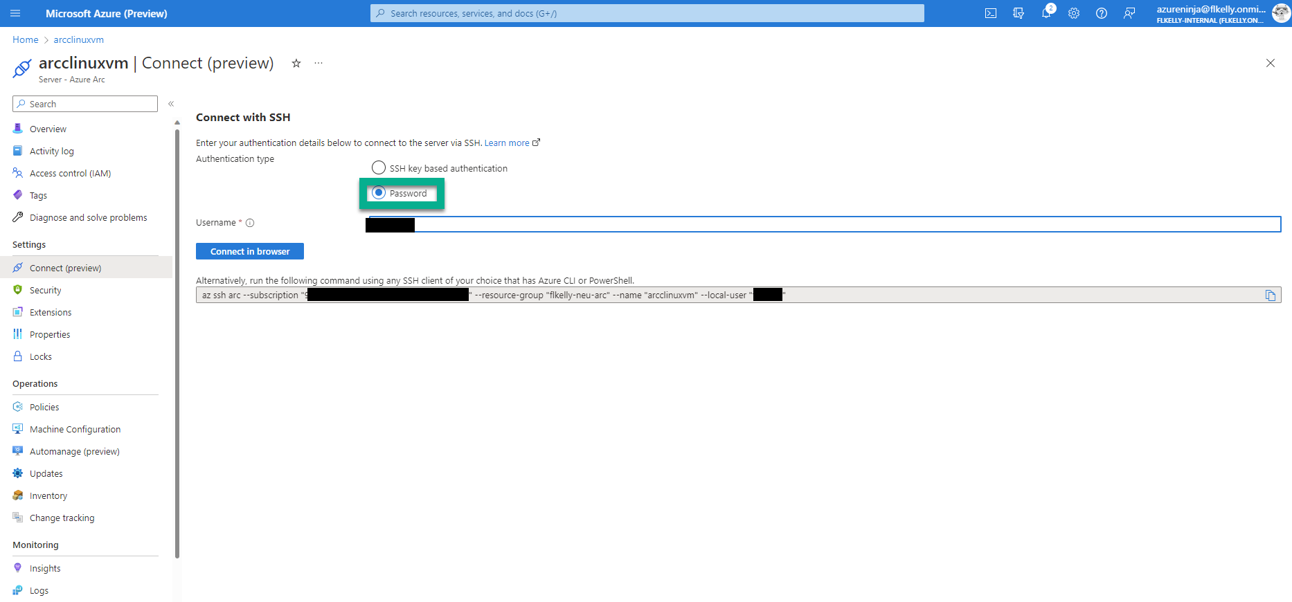 Connect via portal to linux Azure Arc machine options