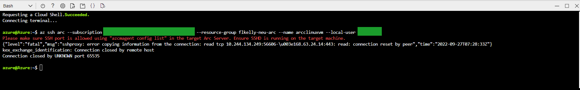 Connect via portal to linux Azure Arc machine button - connection error