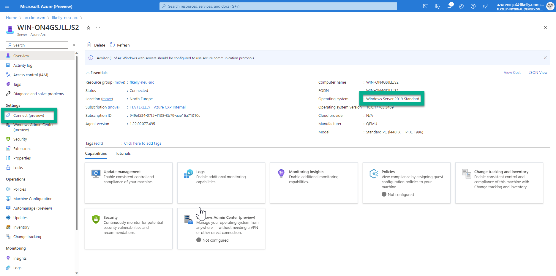 Connect via portal to Windows Azure Arc machine