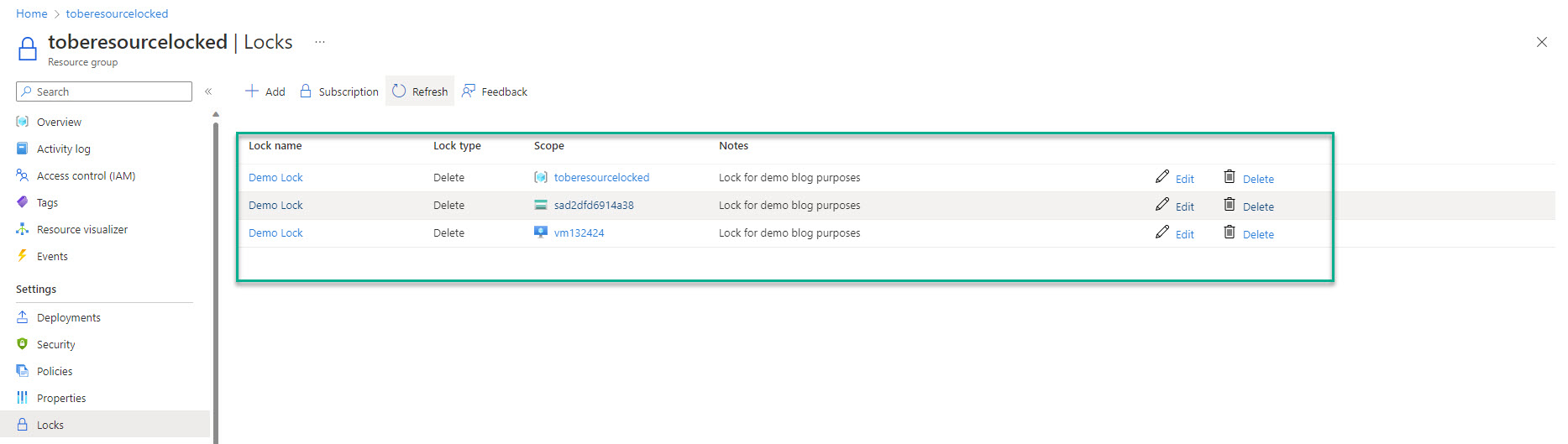 resulting locks in azure